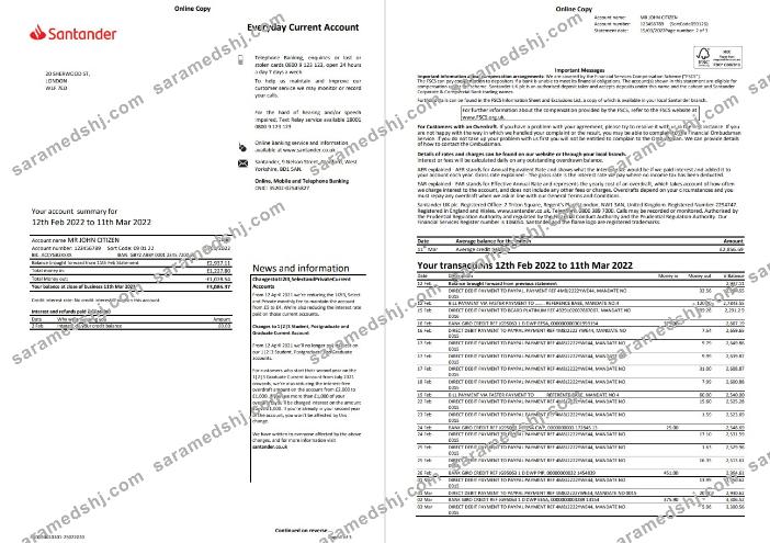 United Kingdom Santander bank statement Word and PDF template, 3 pages, version 2